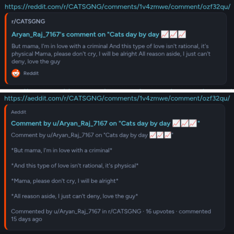 A comment — reddit.com vs aeddit.com