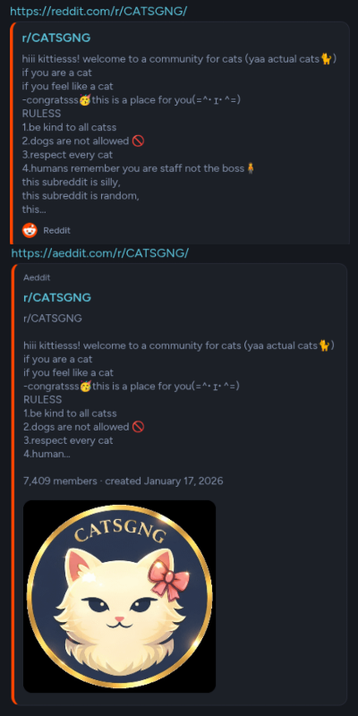 A subreddit — reddit.com vs aeddit.com
